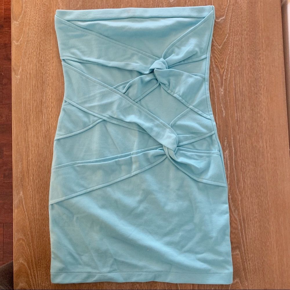 Y2K Strapless Turquoise Bodycon Cocktail Dress Women's Size M Knot Detail NWOT